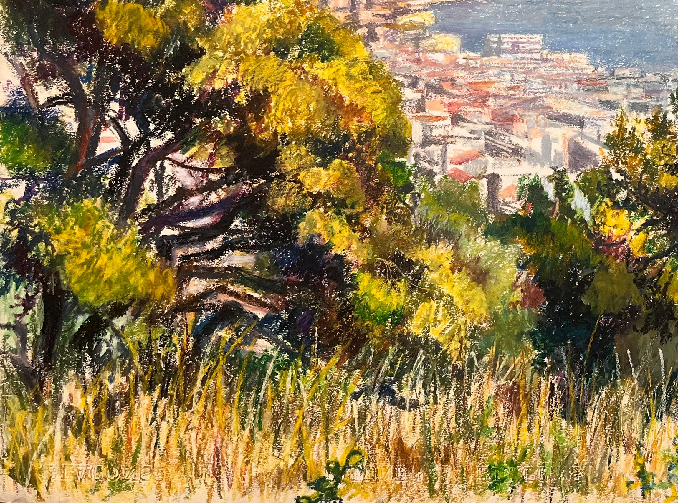 Dessin au pastel du milieu du siècle représentant une ville et une vue de la mer avec des arbres ensoleillés en vente 1