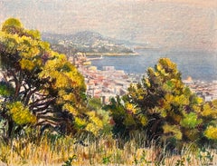 Dessin au pastel du milieu du siècle représentant une ville et une vue de la mer avec des arbres ensoleillés