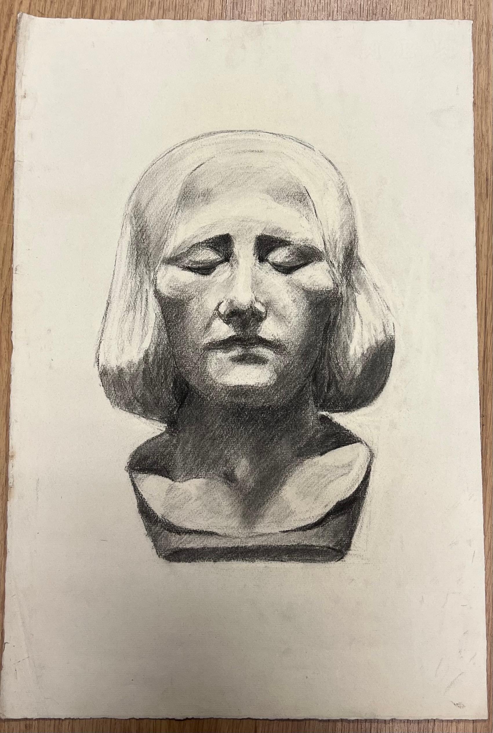 Mid Century Französisch Bleistift Zeichnung eines friedlichen Stein weiblichen Kopf – Art von Josine Vignon