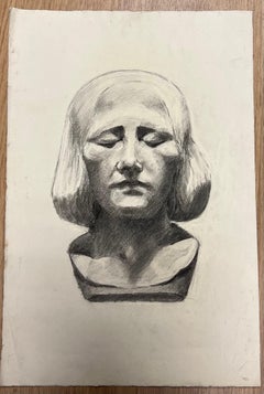 Mid Century French Pencil Drawing of a Peaceful Stone Female Head