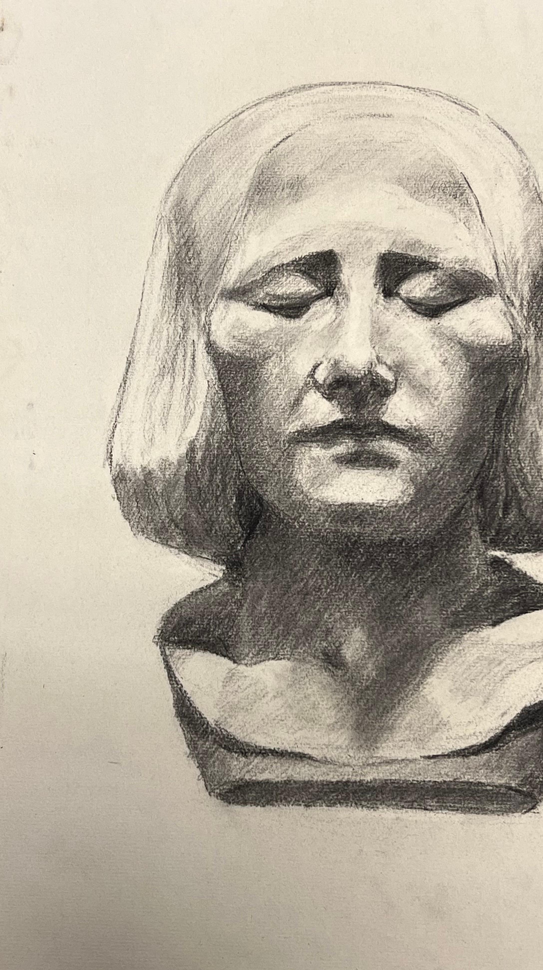 Mid Century Französisch Bleistift Zeichnung eines friedlichen Stein weiblichen Kopf (Post-Impressionismus), Art, von Josine Vignon