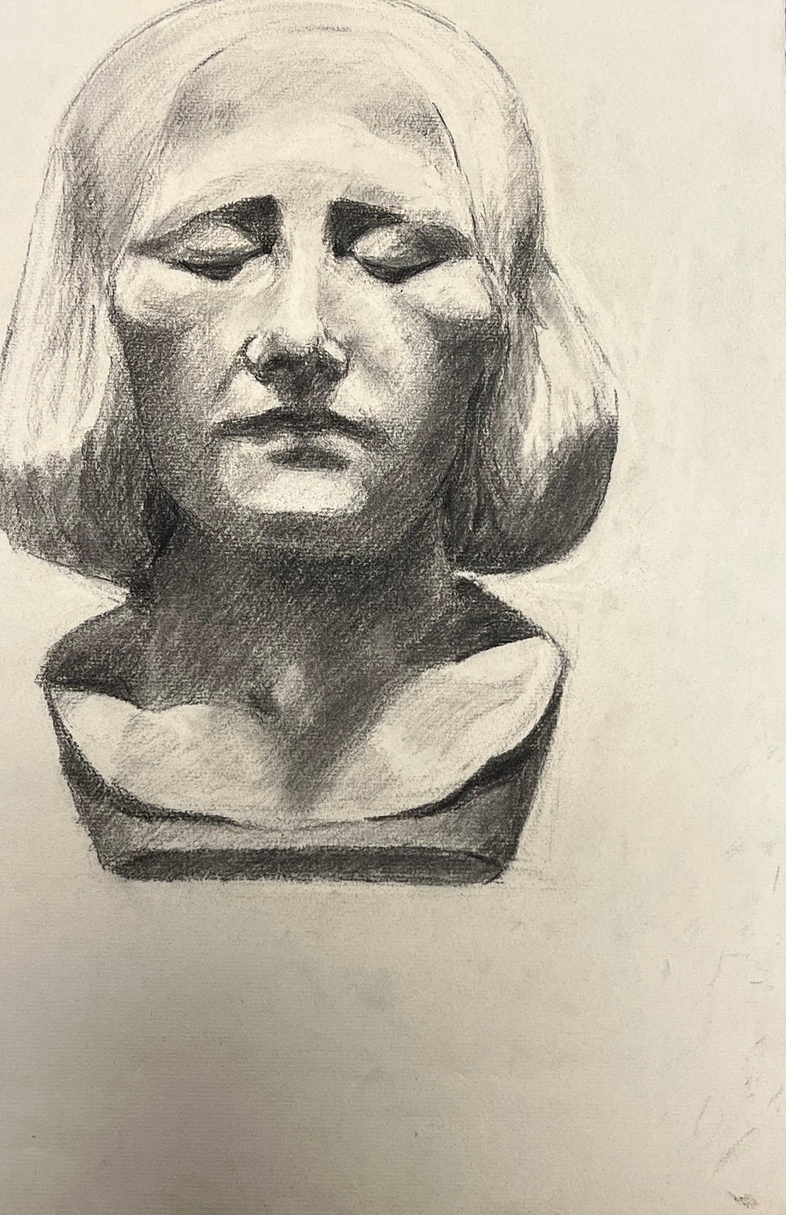 Mid Century Französisch Bleistift Zeichnung eines friedlichen Stein weiblichen Kopf (Beige), Figurative Art, von Josine Vignon