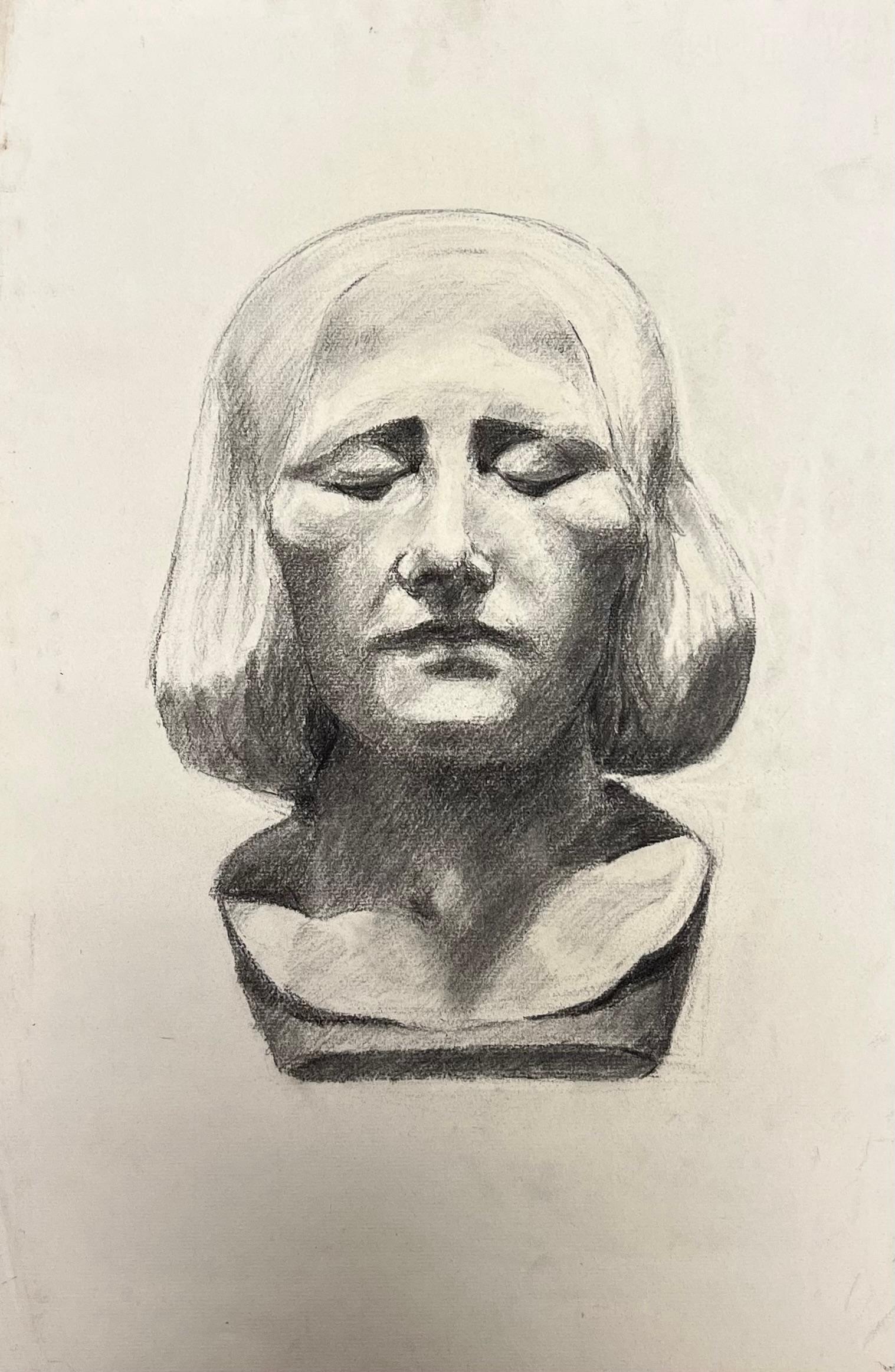 Dibujo a lápiz francés de mediados de siglo de una pacífica cabeza femenina de piedra