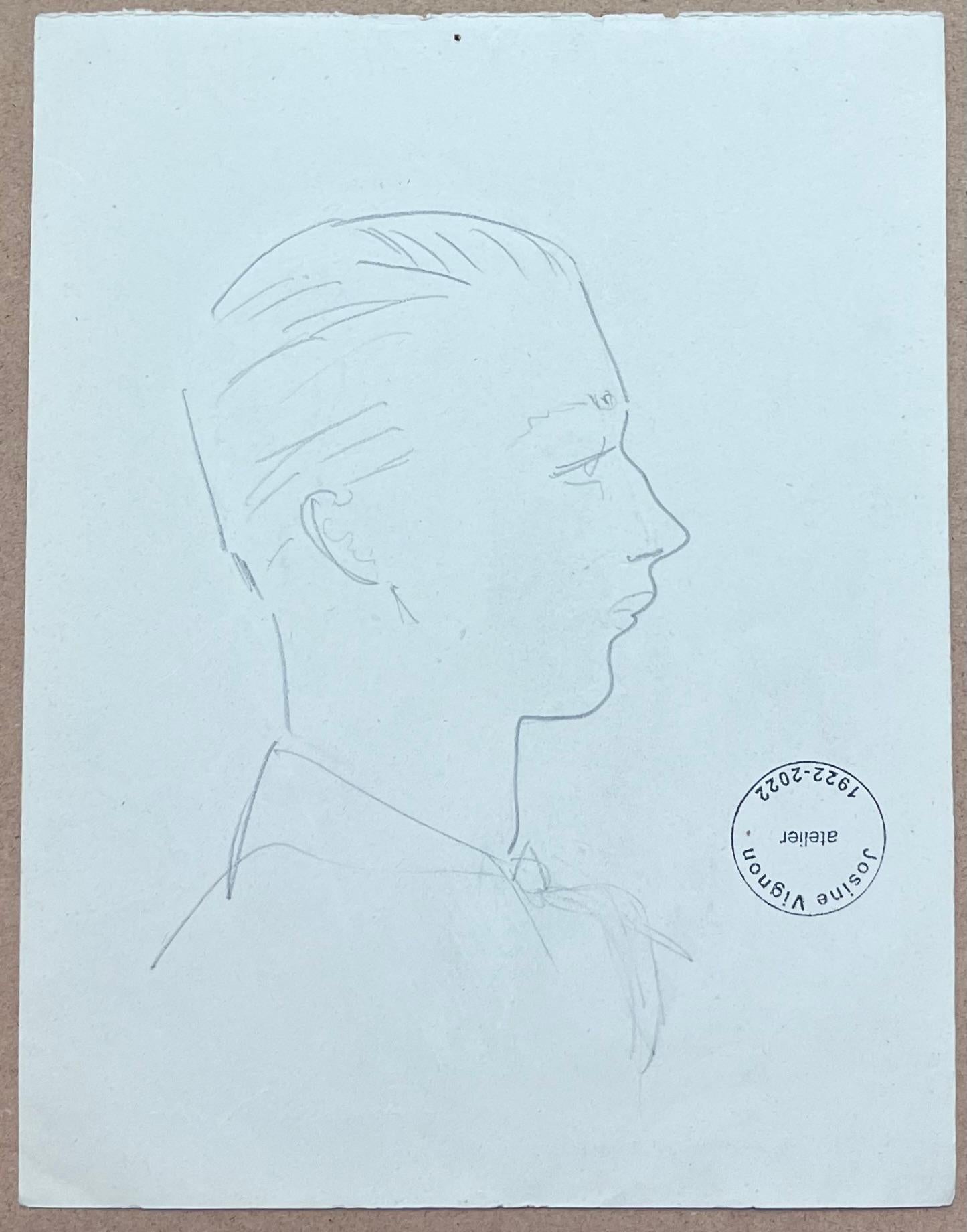 Mid Century French Pencil Portrait of a Posed Gentleman - Post-Impressionist Painting by Josine Vignon