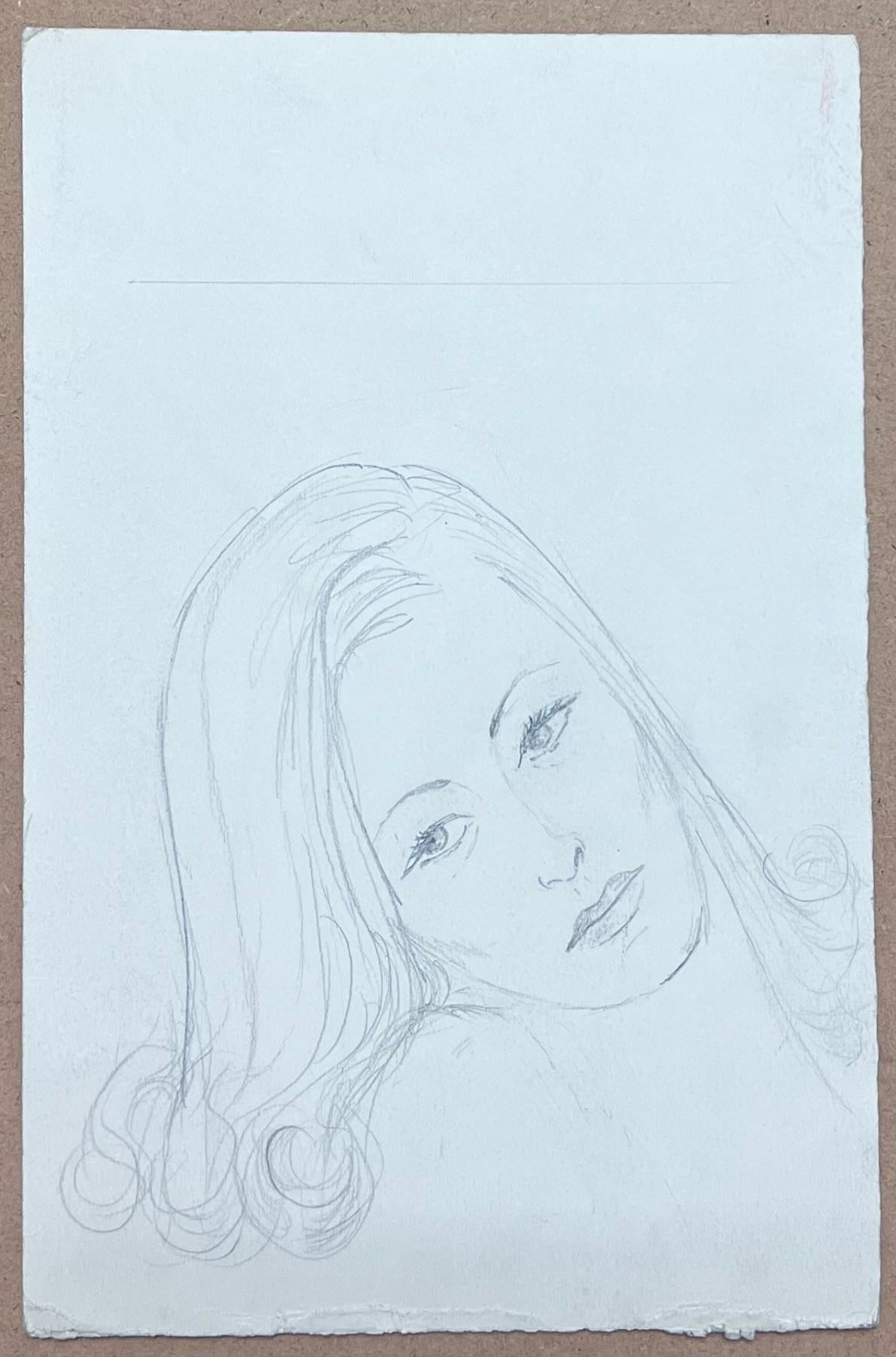 Mid Century Französisch Bleistift Posed Porträt eines verzweifelten weiblichen Gesicht Bleistiftskizze – Art von Josine Vignon