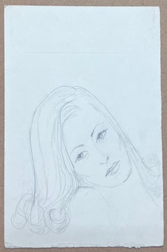 Mid Century French Pencil Posed Portrait of a Forlorn Female Face Pencil Sketch