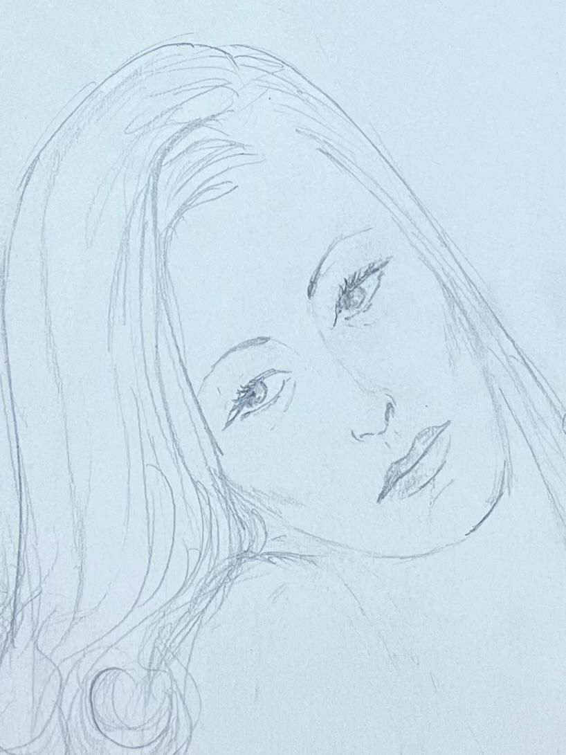 Mid Century Französisch Bleistift Posed Porträt eines verzweifelten weiblichen Gesicht Bleistiftskizze (Post-Impressionismus), Art, von Josine Vignon