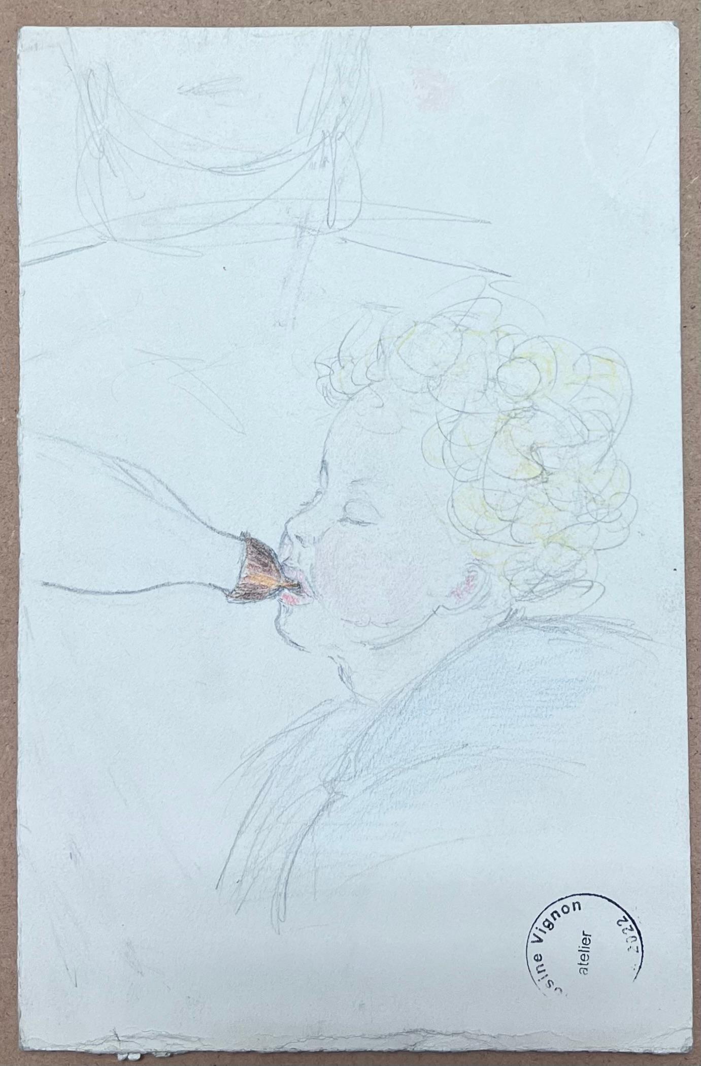 Mid Century Französisch Bleistift Posed Porträt eines verzweifelten weiblichen Gesicht Bleistiftskizze (Blau), Figurative Art, von Josine Vignon