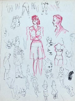 Mid Century French Pencil Sketch Fashionable Sketches of Figures and Faces