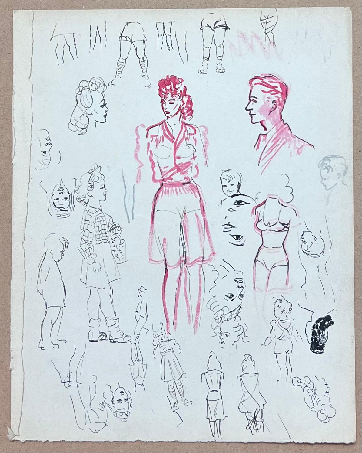 Mid Century French Pencil Sketch Fashionable Sketches of Figures and Faces - Post-Impressionist Painting by Josine Vignon