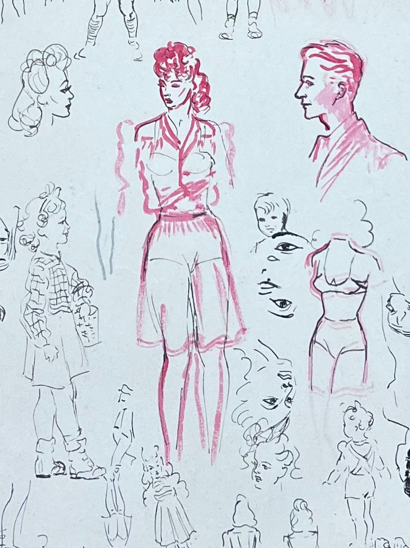 Mid Century French Pencil Sketch Fashionable Sketches of Figures and Faces For Sale 1