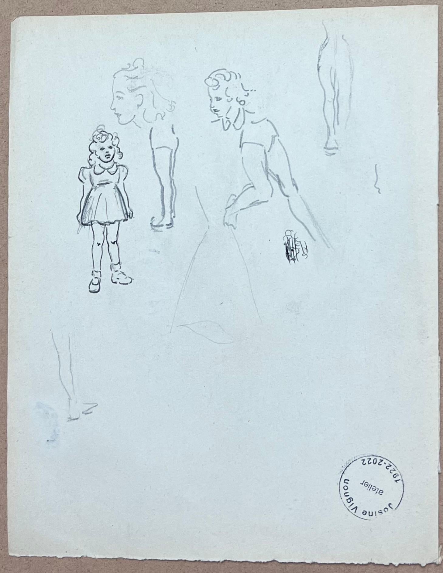 Mid Century French Pencil Sketch Fashionable Sketches of Figures and Faces For Sale 2