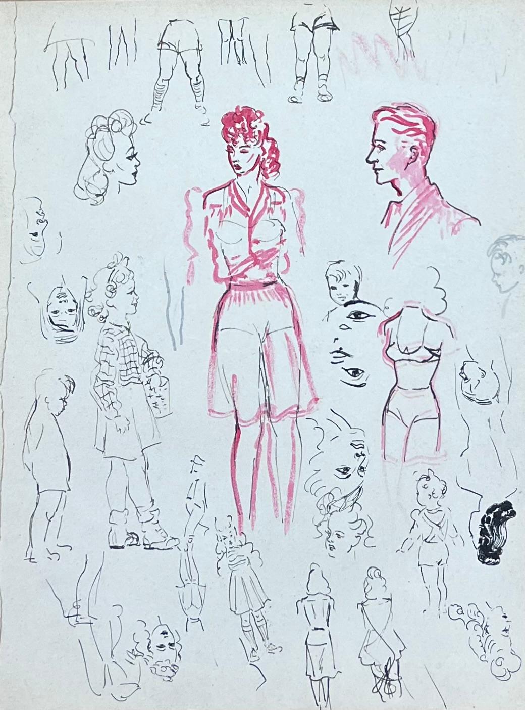 Esbozo a lápiz francés de mediados de siglo Bocetos de moda de figuras y rostros