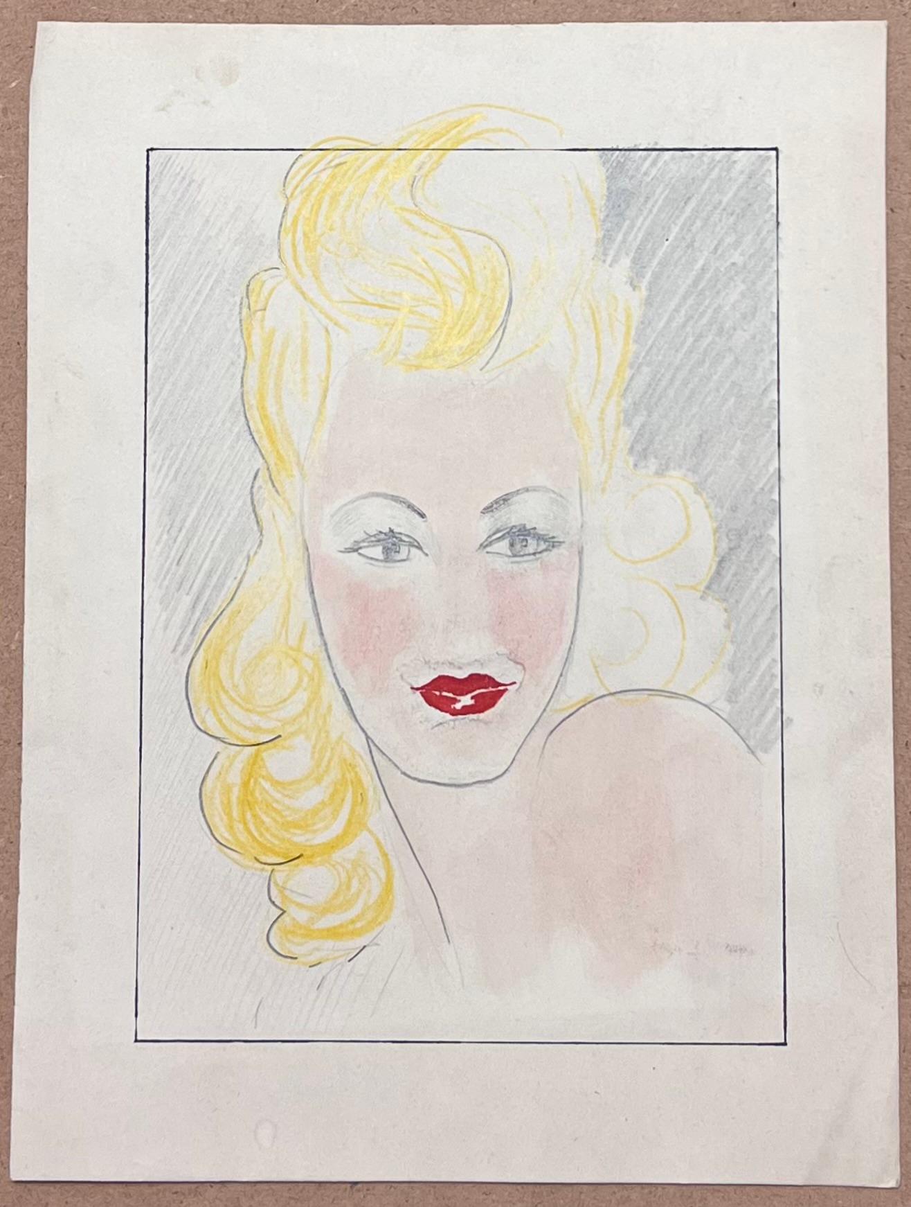 Französische Bleistiftskizze einer Blonden Frau aus der Mitte des Jahrhunderts mit leuchtend rotem Lippenstift – Painting von Josine Vignon
