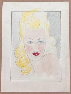 Mid Century French Pencil Sketch of A Blonde Women with Bright Red Lipstick