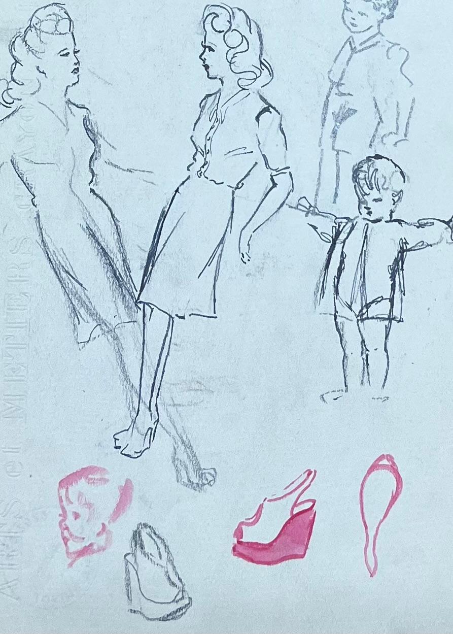 Mid Century French Pencil Sketch Fashionable Sketches of Figures and Accessories - Post-Impressionist Art by Josine Vignon