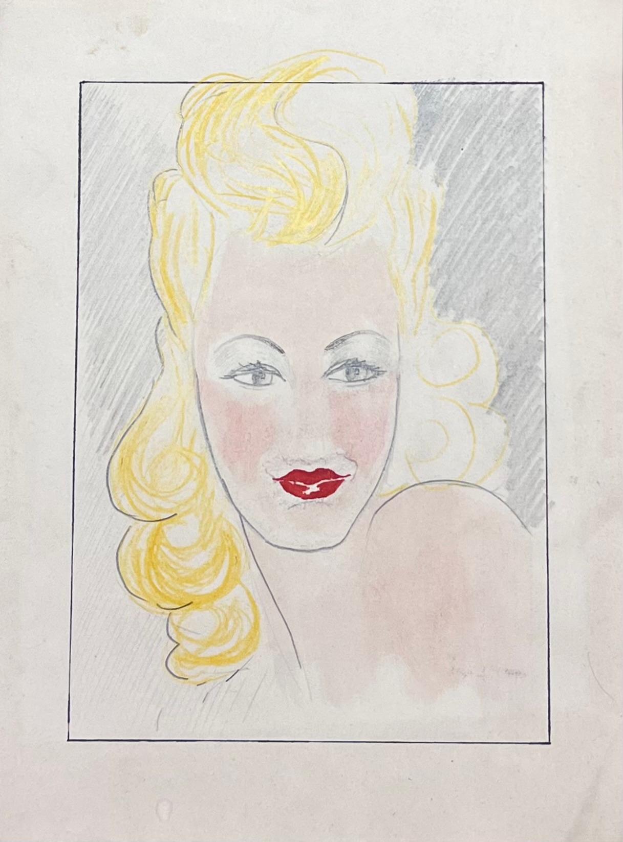 Französische Bleistiftskizze einer Blonden Frau aus der Mitte des Jahrhunderts mit leuchtend rotem Lippenstift (Post-Impressionismus), Painting, von Josine Vignon