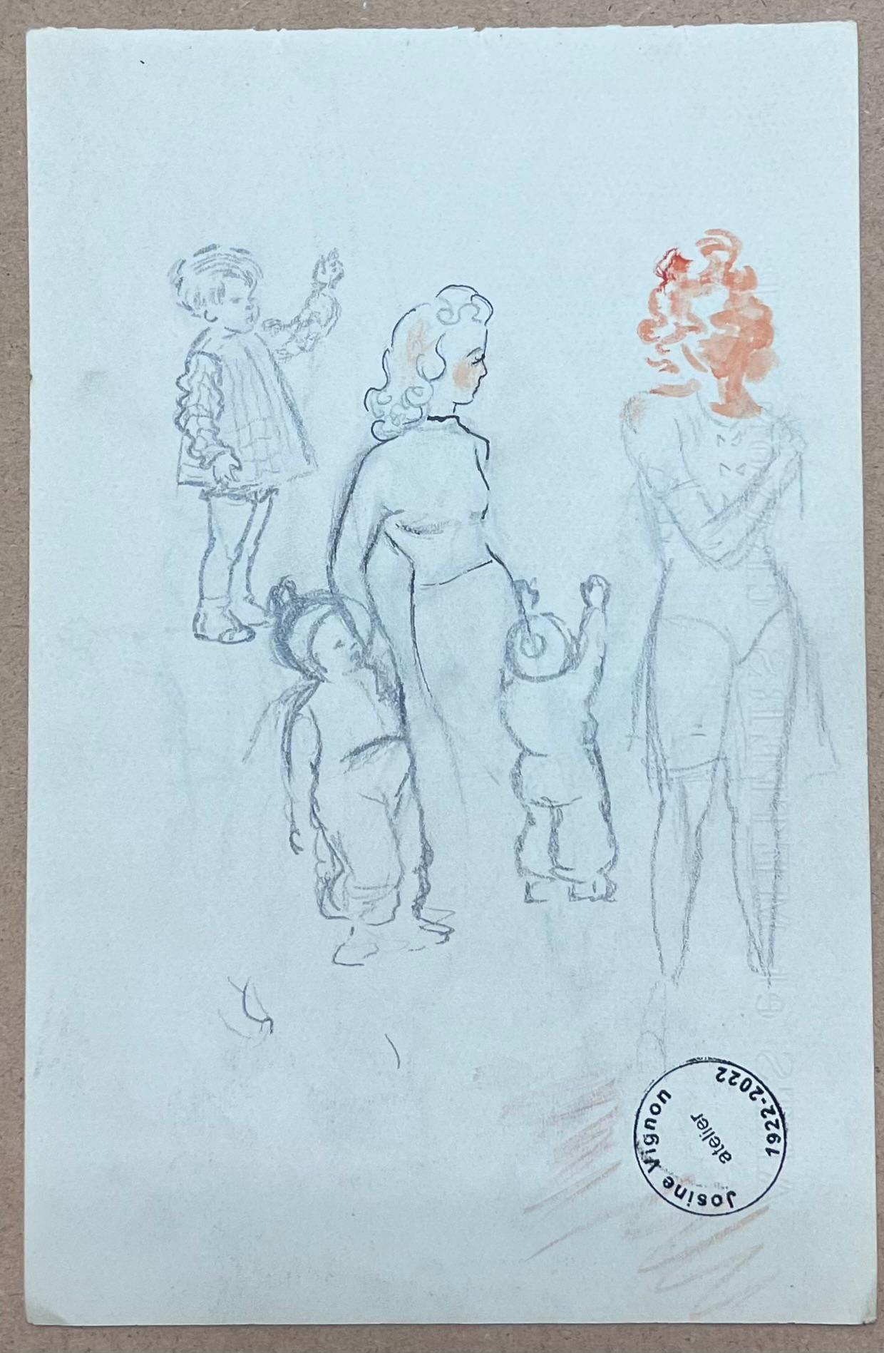 Mid Century French Pencil Sketch Fashionable Sketches of Figures and Accessories - Blue Figurative Art by Josine Vignon