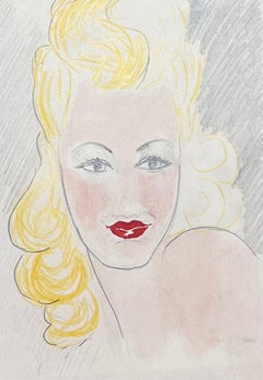 Dibujo a lápiz francés de mediados de siglo de una mujer rubia con pintalabios rojo brillante