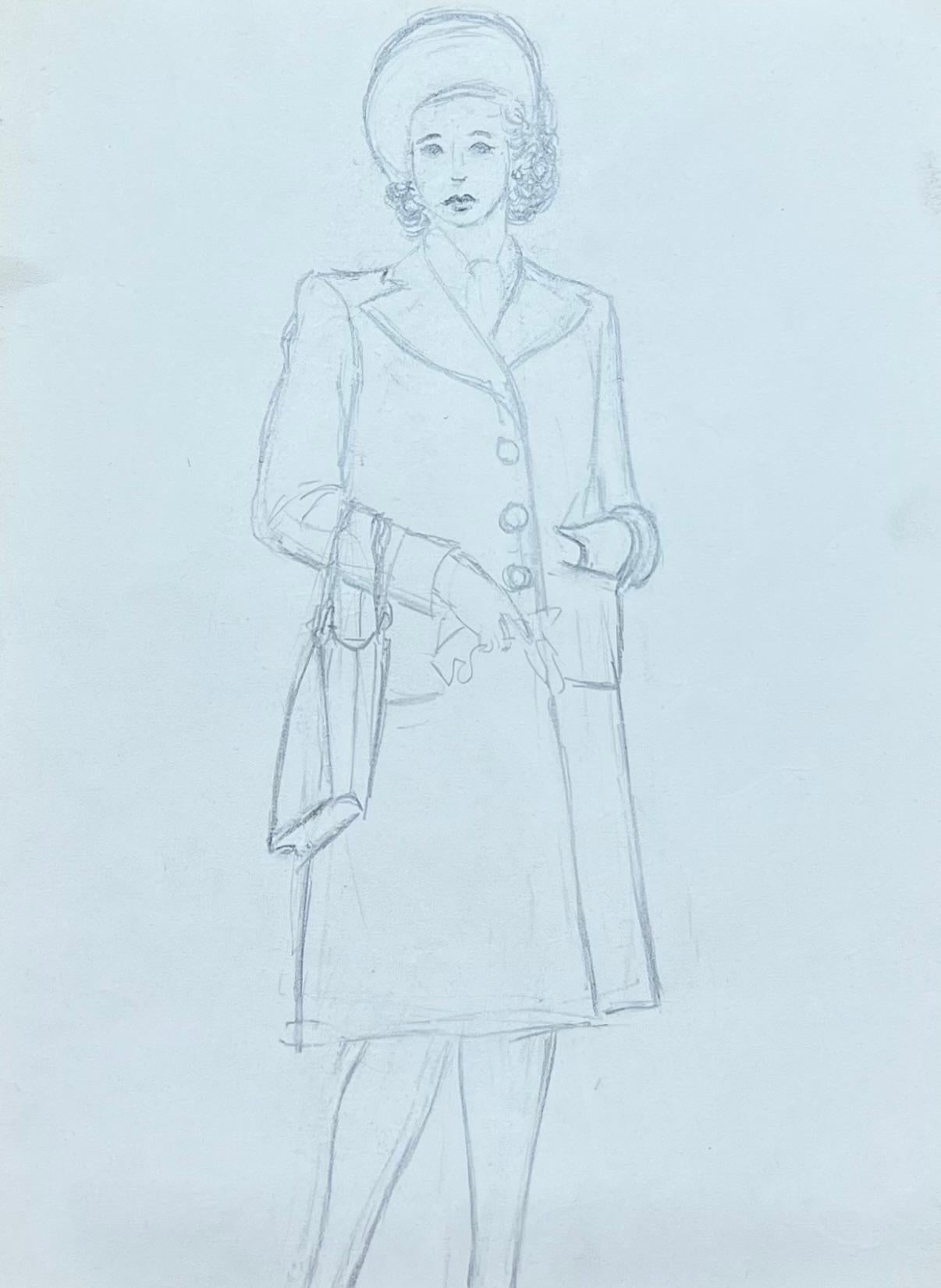 Französische Bleistiftskizze aus der Mitte des Jahrhunderts, Lady of Importance, raffiniert gekleidet – Painting von Josine Vignon