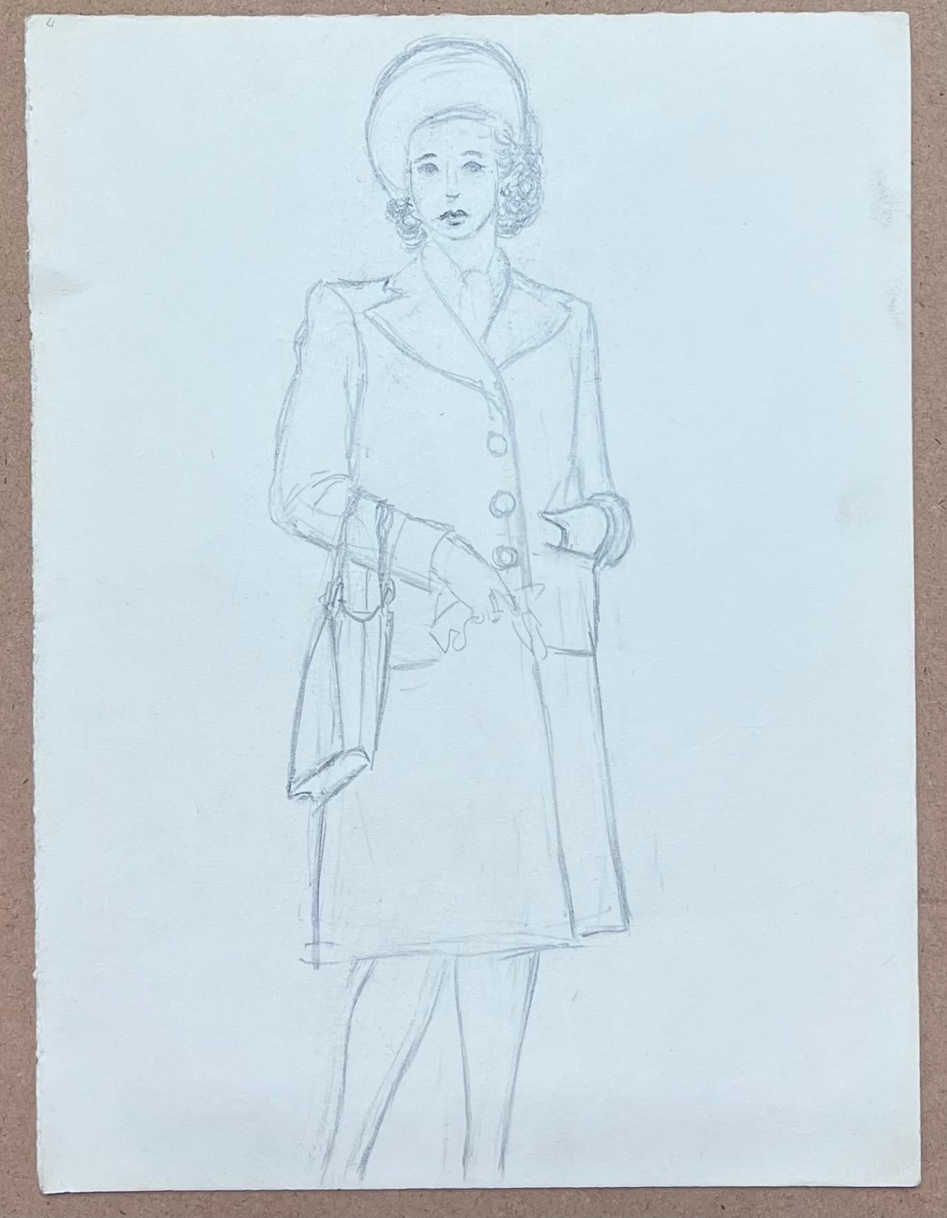 Französische Bleistiftskizze aus der Mitte des Jahrhunderts, Lady of Importance, raffiniert gekleidet (Post-Impressionismus), Painting, von Josine Vignon