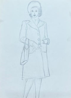 Vintage Mid Century French Pencil Sketch Lady of Importance Sophisticatedly Dressed