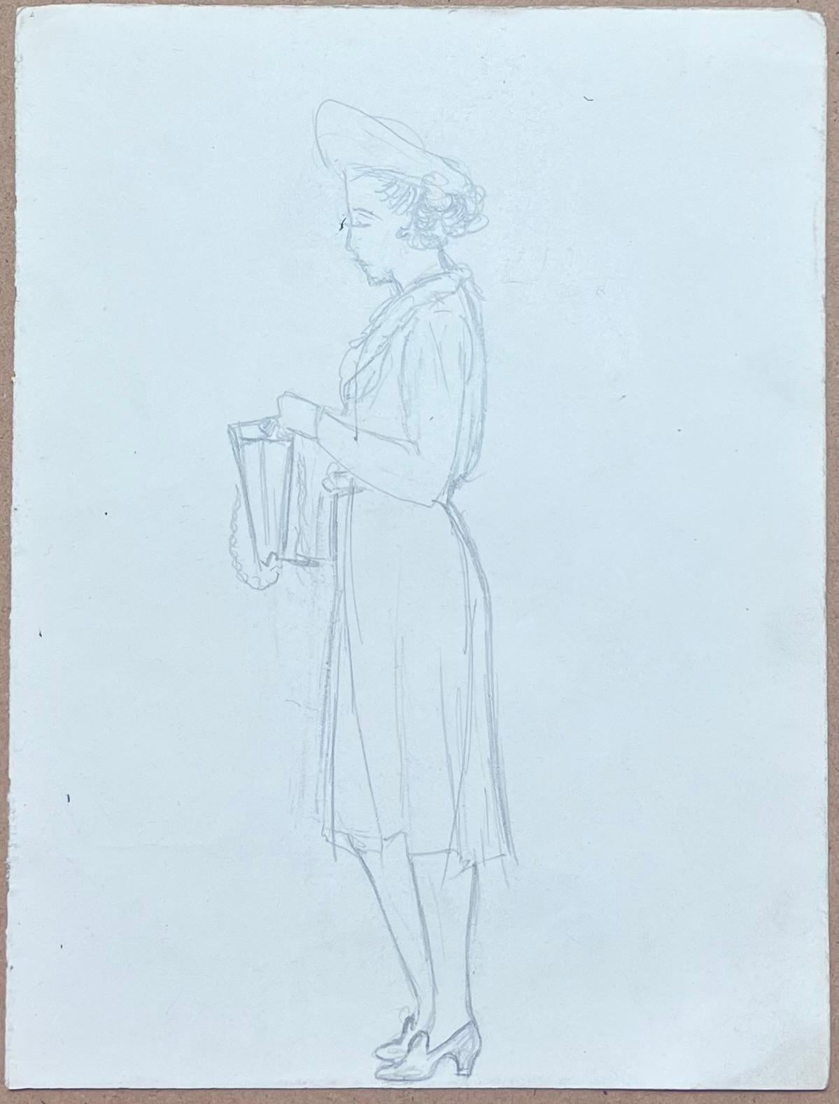 Französische Bleistiftskizze einer modischen Dame in einem eleganten Hut aus der Mitte des Jahrhunderts – Painting von Josine Vignon