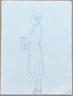 Mid Century French Pencil Sketch of A Fashionable Lady in an Elegant Hat