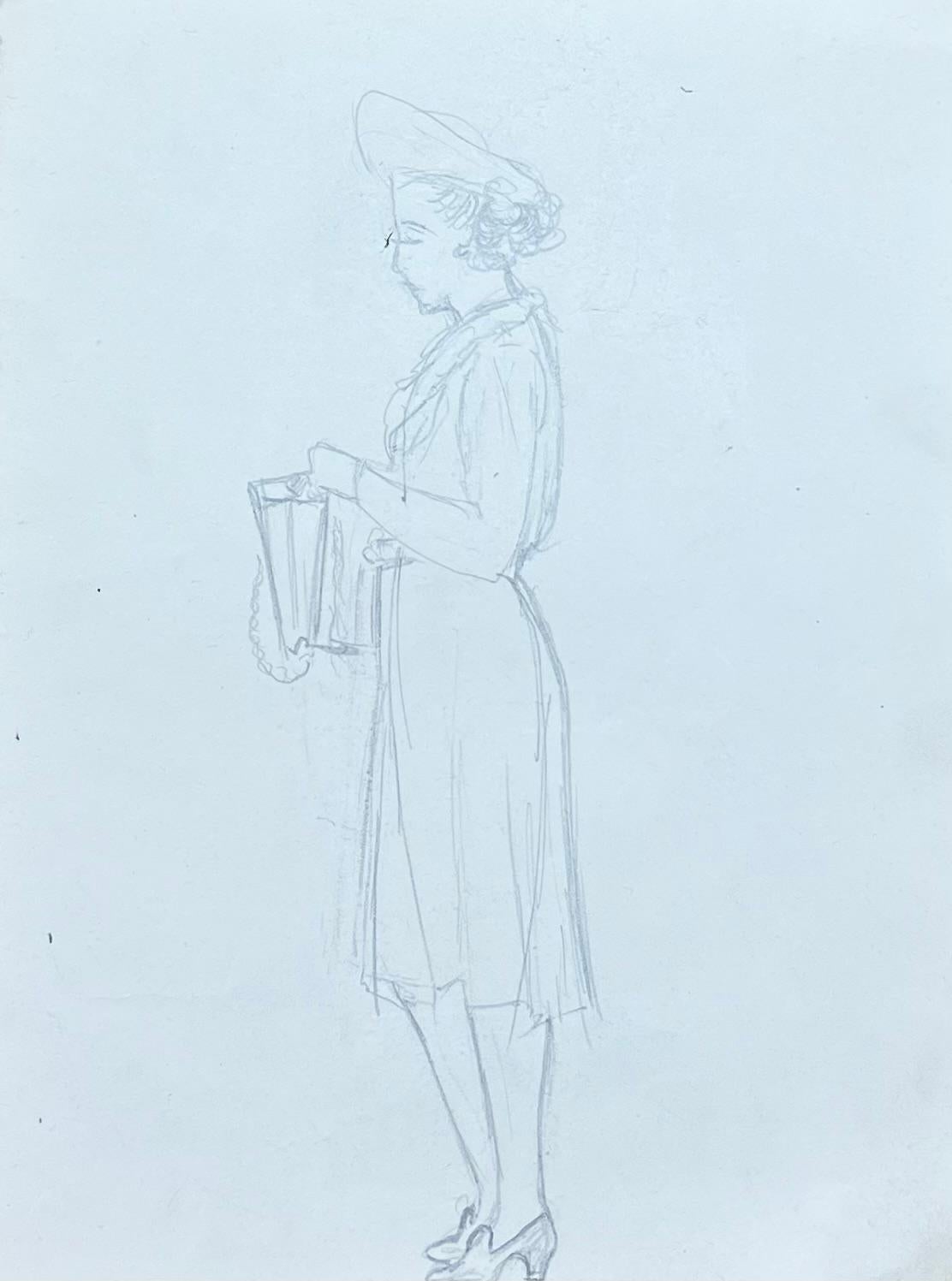 Josine Vignon Figurative Painting – Französische Bleistiftskizze einer modischen Dame in einem eleganten Hut aus der Mitte des Jahrhunderts