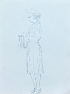 Dibujo a lápiz francés de mediados de siglo de una dama a la moda con un sombrero elegante