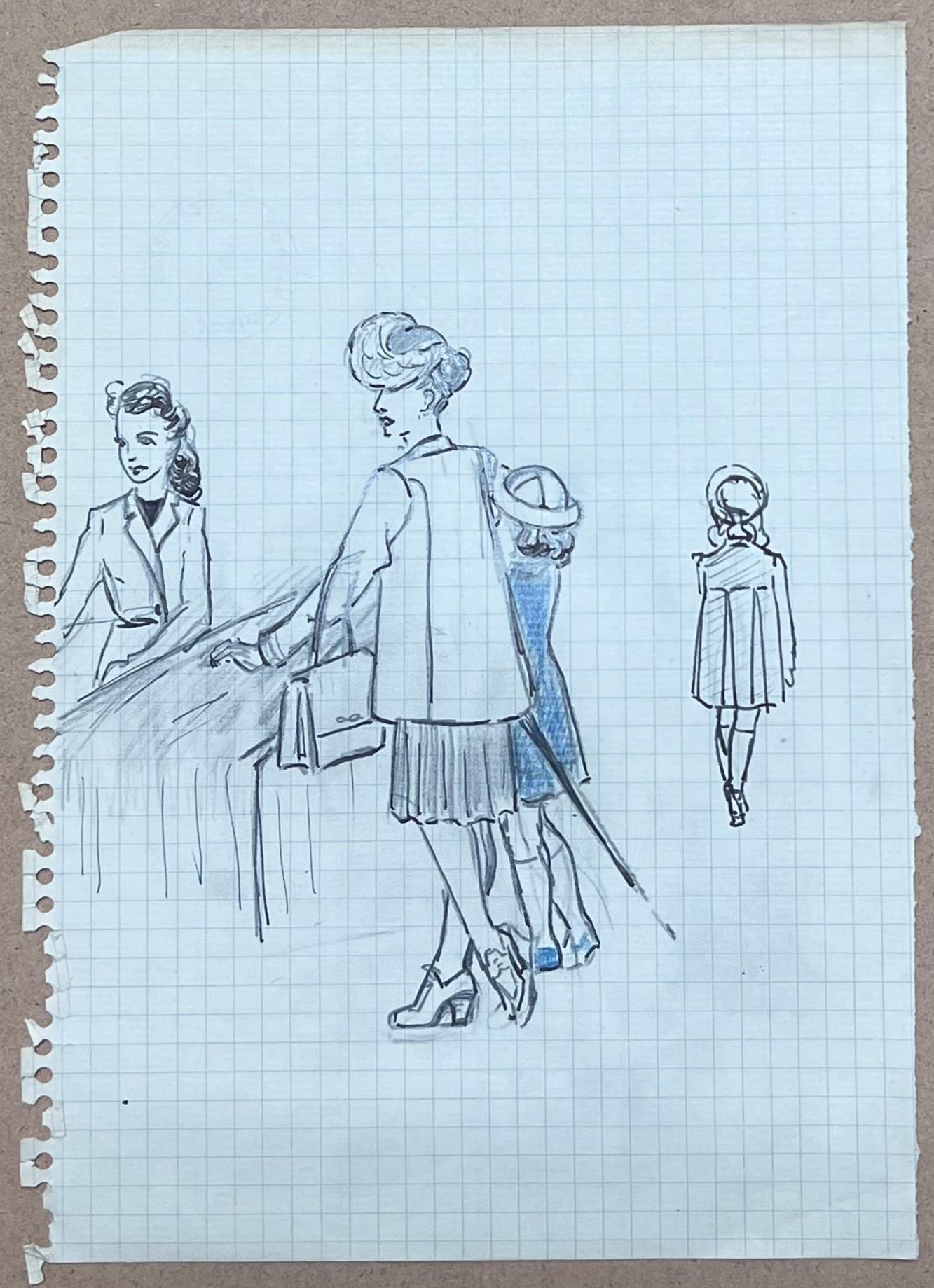 Mid Century Französisch Bleistiftskizze einer Mutter und Kind an der Tailors – Painting von Josine Vignon