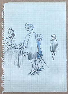 Schizzo a matita francese di metà secolo di una madre e un bambino in sartoria