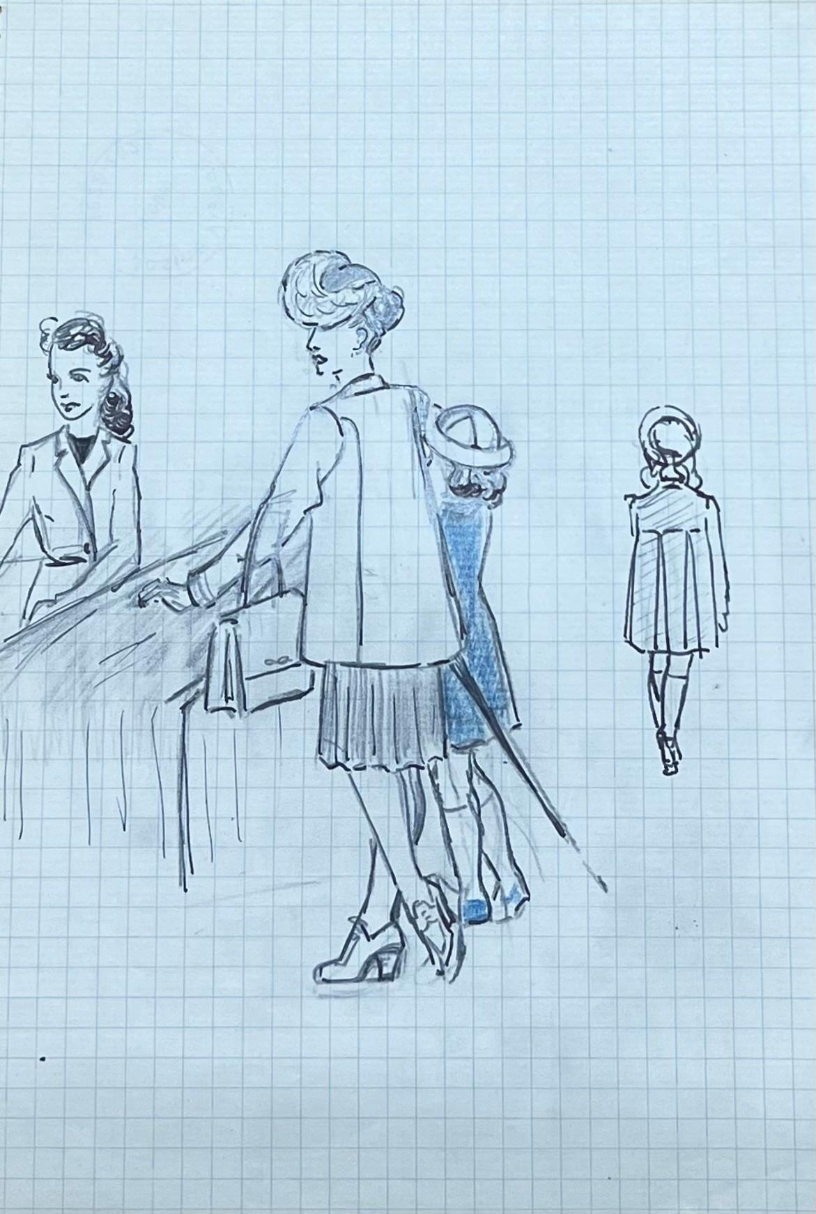 Mid Century Französisch Bleistiftskizze einer Mutter und Kind an der Tailors (Blau), Figurative Painting, von Josine Vignon