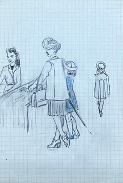 Dibujo a lápiz francés de mediados de siglo de una madre y su hijo en la sastrería