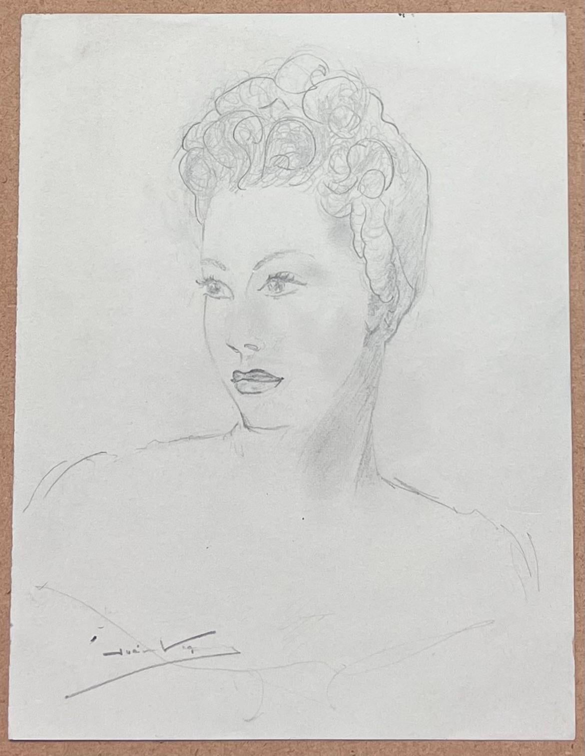Mid Century Französisch Bleistiftskizze eines Posed Chic Dame – Art von Josine Vignon