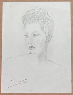 Mid Century Französisch Bleistiftskizze eines Posed Chic Dame