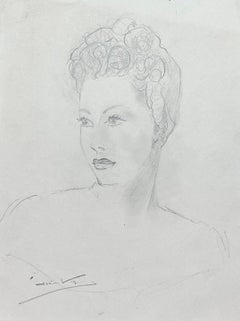 Dibujo a lápiz francés de mediados de siglo de una dama elegante en pose