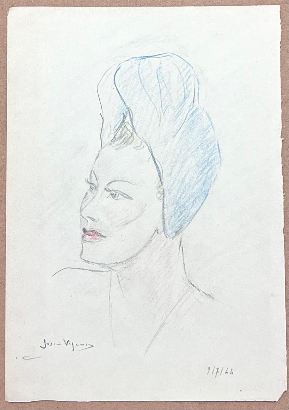 Schizzo a matita francese di metà secolo di una signora elegante con un foulard blu - Art Postimpressionismo di Josine Vignon