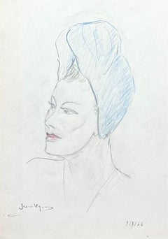 Dibujo a lápiz francés de mediados de siglo de una elegante dama con un pañuelo azul en la cabeza