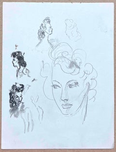 Mid Century French Pencil Sketch of Multiple Fashionable Female Faces