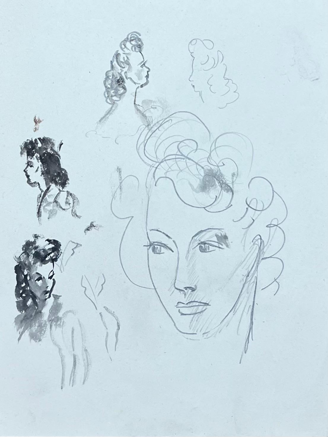 Mid Century Französisch Bleistiftskizze von mehreren modischen weiblichen Gesichtern (Post-Impressionismus), Painting, von Josine Vignon