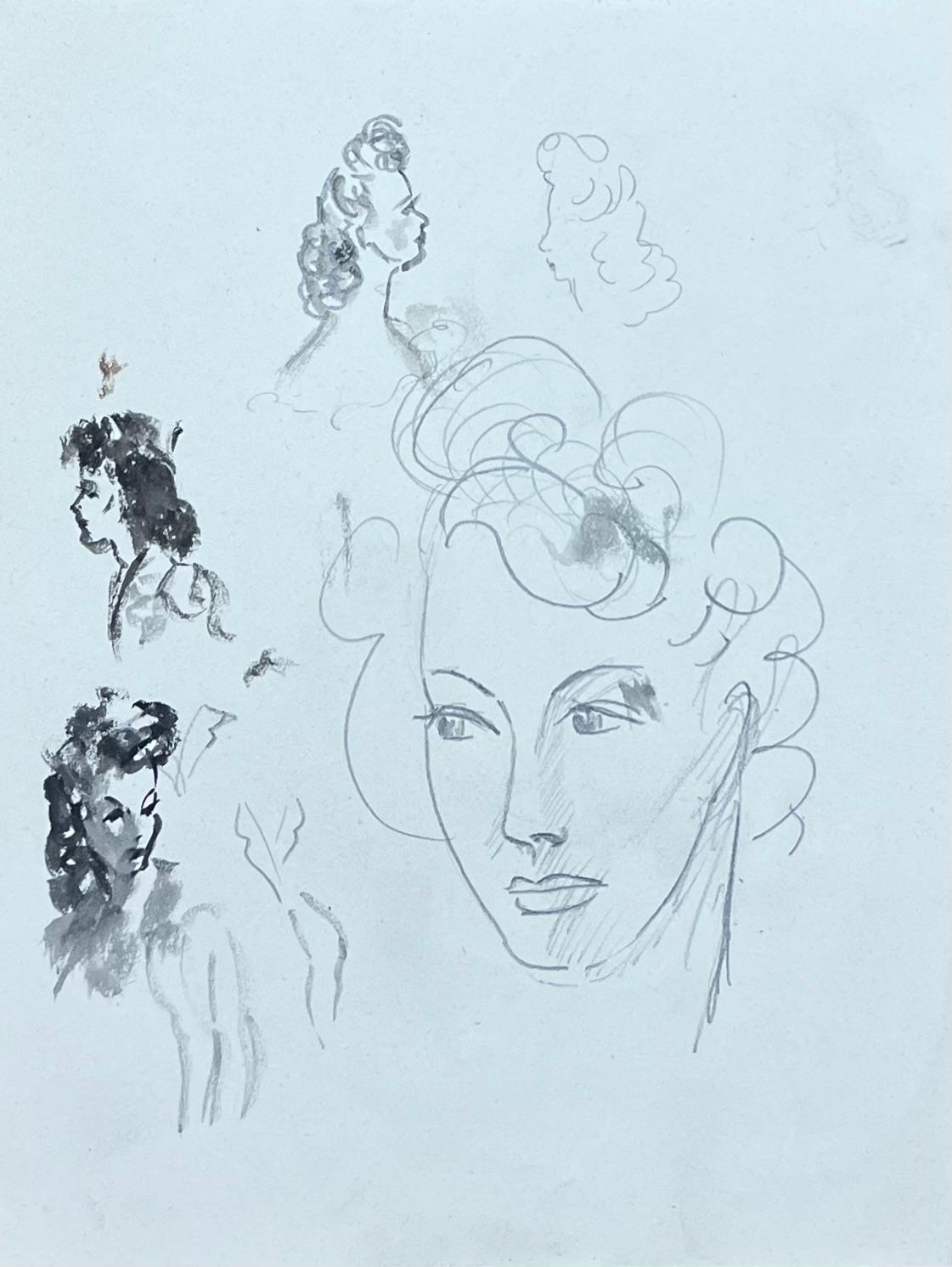 Mid Century French Pencil Sketch of Multiple Fashionable Female Faces