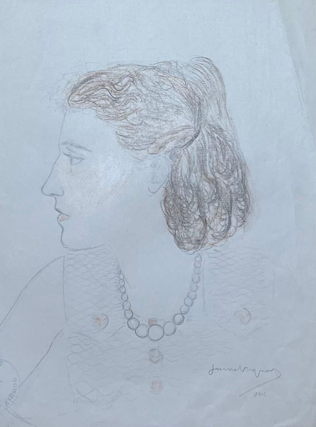 Mid Century French Pencil Sketch Portrait of a Elegant Lady in Pearls