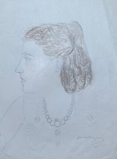 Retrato a lápiz francés de mediados de siglo de una elegante dama con perlas