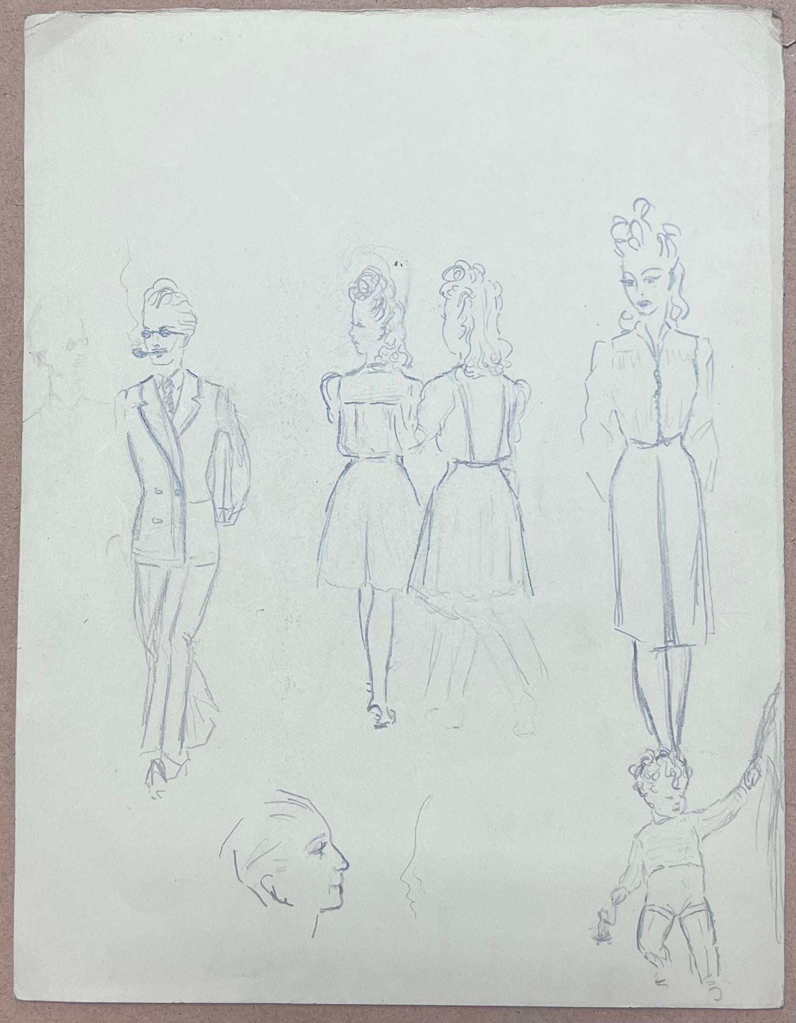 Französische Bleistiftskizze-Studie von modischen Figuren aus der Mitte des Jahrhunderts – Art von Josine Vignon