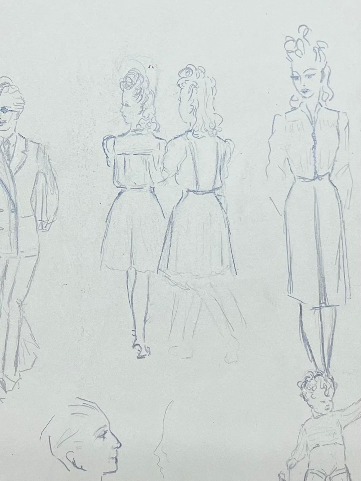 Französische Bleistiftskizze-Studie von modischen Figuren aus der Mitte des Jahrhunderts (Post-Impressionismus), Art, von Josine Vignon
