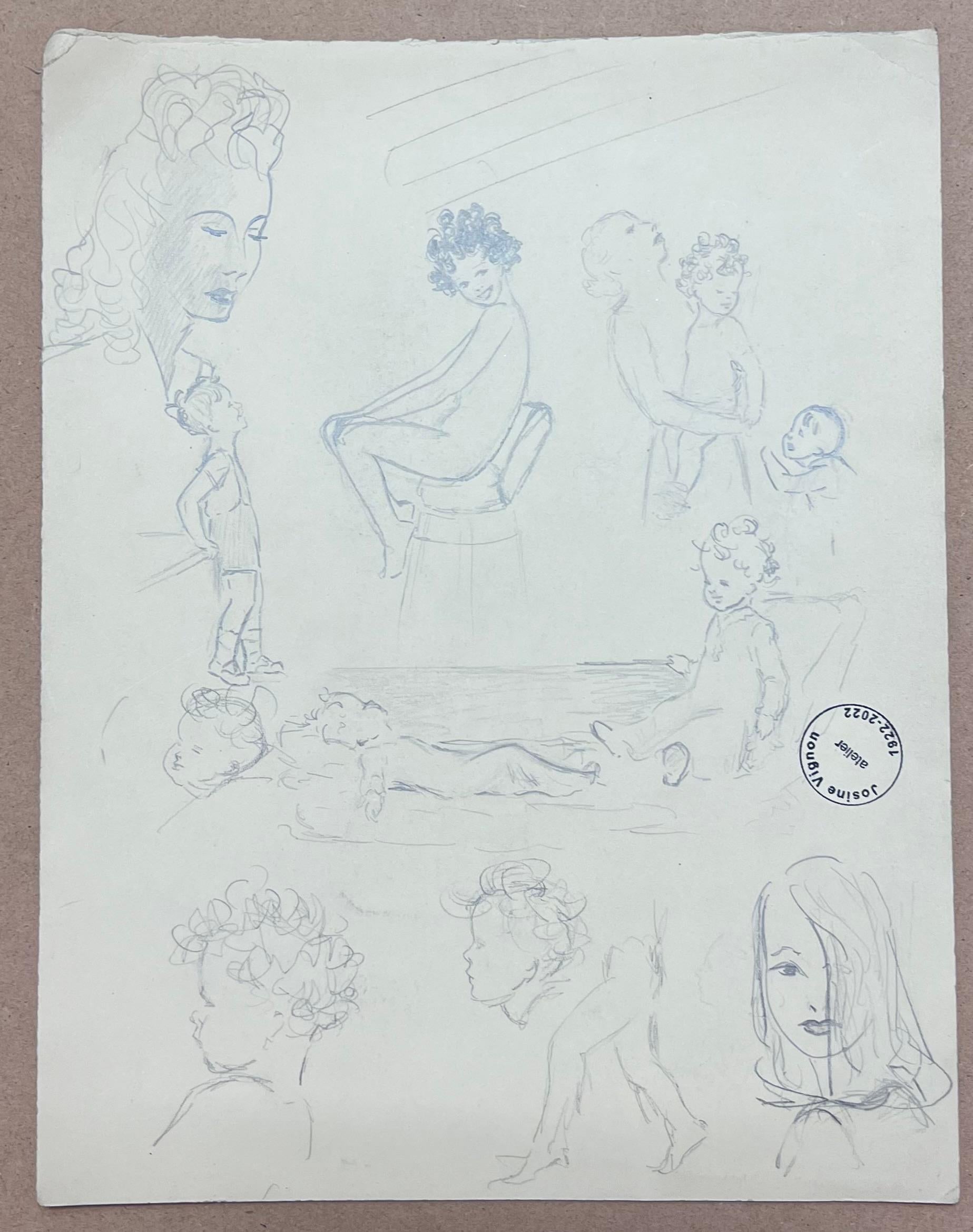 Französische Bleistiftskizze-Studie von modischen Figuren aus der Mitte des Jahrhunderts (Grau), Figurative Art, von Josine Vignon