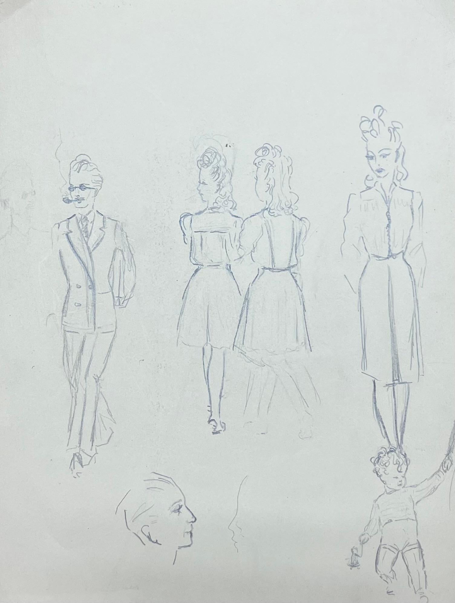 Mid Century French Pencil Sketch Study of Fashionable Figures