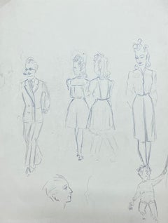 Dibujo francés a lápiz de mediados de siglo Estudio de figuras de moda