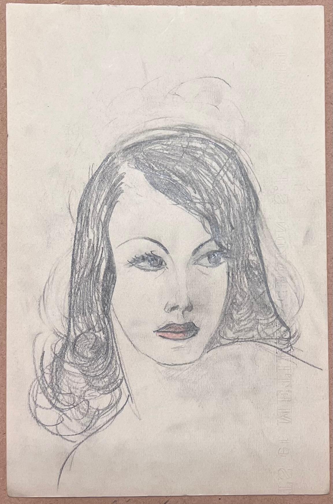 Esbozo a lápiz francés de mediados de siglo Retrato elegante de dama en pose - Painting de Josine Vignon